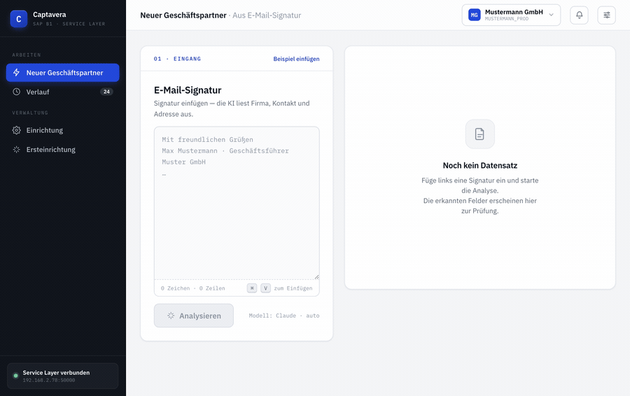 Captavera in Aktion: E-Mail-Signatur einfügen, Felder werden erkannt und geprüft, mit einem Klick als Geschäftspartner in SAP angelegt.